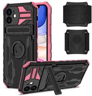 High Elastic Plastic iPhone 11 Case with Kickstand, Sports Mobile Wristband and Card Slot In Pink