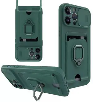 High Quality iPhone 12 Pro Case with Camera cover, Kickstand, Slide lens protection, Magnetic ring stand, Crossbody strap and Card holder In Green High Quality iPhone 12 Pro Case with Camera cover, Kickstand, Slide lens protection, Magnetic ring stand, Crossbody strap and Card holder In Green