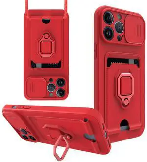 High Quality iPhone 12 Max Case with Camera cover, Kickstand, Slide lens protection, Magnetic ring stand, Crossbody strap and Card holder In Red High Quality iPhone 12 Max Case with Camera cover, Kickstand, Slide lens protection, Magnetic ring stand, Crossbody strap and Card holder In Red
