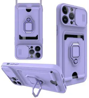 High Quality iPhone 12 Max Case with Camera cover, Kickstand, Slide lens protection, Magnetic ring stand, Crossbody strap and Card holder In Purple