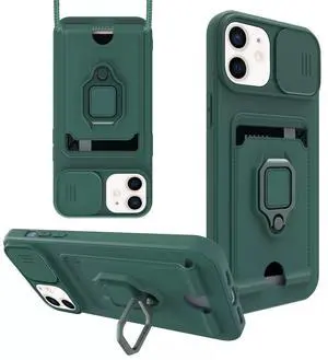 High Quality iPhone 12 Case with Camera cover, Kickstand, Slide lens protection, Magnetic ring stand, Crossbody strap and Card holder In Green High Quality iPhone 12 Case with Camera cover, Kickstand, Slide lens protection, Magnetic ring stand, Crossbody strap and Card holder In Green