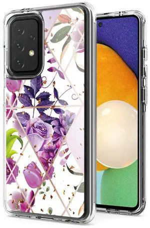 Flower Design Pattern Printing Dual Layer Hybrid Hard Plastic and Soft TPU Rubber Case Cover for SAMSUNG GALAXY A52 5G In Purple Base Flower