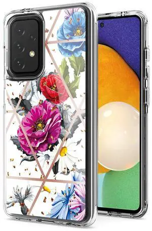 Flower Design Pattern Printing Dual Layer Hybrid Hard Plastic and Soft TPU Rubber Case Cover for SAMSUNG GALAXY A52 5G In Blue Base flower
