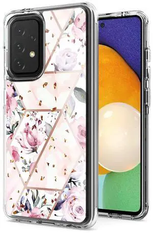 Flower Design Pattern Printing Dual Layer Hybrid Hard Plastic and Soft TPU Rubber Case Cover for SAMSUNG GALAXY A52 5G In Pink Base Flower
