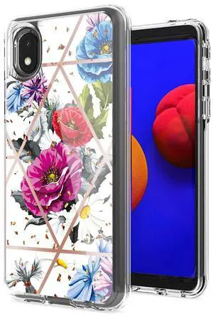 Flower Design Pattern Printing Dual Layer Hybrid Hard Plastic and Soft TPU Rubber Case Cover for SAMSUNG GALAXY A01 CORE In Blue Base flower