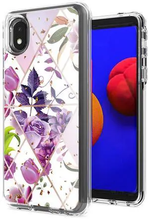 Flower Design Pattern Printing Dual Layer Hybrid Hard Plastic and Soft TPU Rubber Case Cover for SAMSUNG GALAXY A01 CORE In Purple Base Flower
