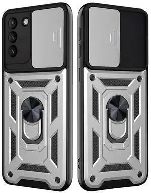 Kickstand Ring Holder with Slide Camera Cover TPU Shockproof Case and Magnetic Car Mount for SAMSUNG GALAXY S21/S30 PLUS In Silver
