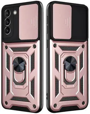 Kickstand Ring Holder with Slide Camera Cover TPU Shockproof Case and Magnetic Car Mount for SAMSUNG GALAXY S21 FE In Rose Gold