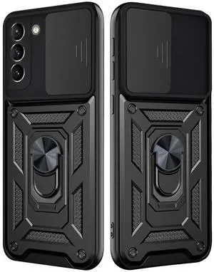 Kickstand Ring Holder with Slide Camera Cover TPU Shockproof Case and Magnetic Car Mount for SAMSUNG GALAXY S21 FE In Black
