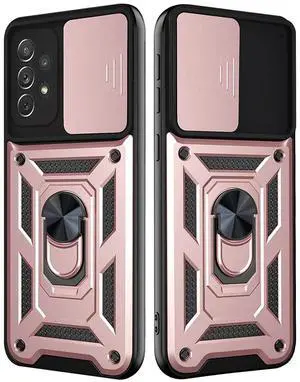 Kickstand Ring Holder with Slide Camera Cover TPU Shockproof Case and Magnetic Car Mount for SAMSUNG GALAXY A72 5G In Rose Gold