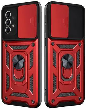 Kickstand Ring Holder with Slide Camera Cover TPU Shockproof Case and Magnetic Car Mount for SAMSUNG GALAXY A72 5G In Red
