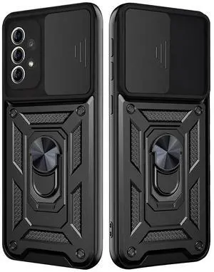 Kickstand Ring Holder with Slide Camera Cover TPU Shockproof Case and Magnetic Car Mount for SAMSUNG GALAXY A72 5G In Black