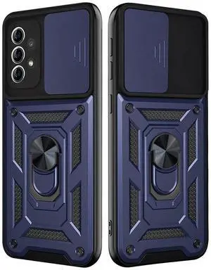 Kickstand Ring Holder with Slide Camera Cover TPU Shockproof Case and Magnetic Car Mount for SAMSUNG GALAXY A72 5G In Blue