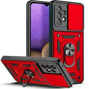 Kickstand Ring Holder with Slide Camera Cover TPU Shockproof Case and Magnetic Car Mount for SAMSUNG GALAXY A52 5G In Red