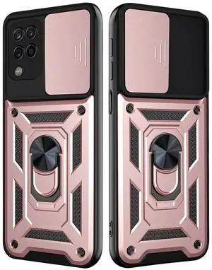 Kickstand Ring Holder with Slide Camera Cover TPU Shockproof Case and Magnetic Car Mount for SAMSUNG GALAXY A42 5G In Rose Gold