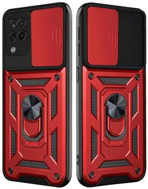 Kickstand Ring Holder with Slide Camera Cover TPU Shockproof Case and Magnetic Car Mount for SAMSUNG GALAXY A42 5G In Red