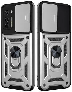 Kickstand Ring Holder with Slide Camera Cover TPU Shockproof Case and Magnetic Car Mount for MOTOROLA G STYLUS In Silver