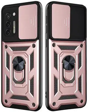 Kickstand Ring Holder with Slide Camera Cover TPU Shockproof Case and Magnetic Car Mount for MOTOROLA G STYLUS In Rose Gold