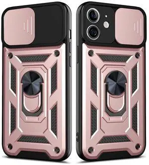 Kickstand Ring Holder with Slide Camera Cover TPU Shockproof Case and Magnetic Car Mount for APPLE IPHONE 12/IPHONE 12 PRO In Rose Gold