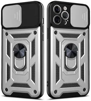 Kickstand Ring Holder with Slide Camera Cover TPU Shockproof Case and Magnetic Car Mount for APPLE IPHONE 12/IPHONE 12 PRO In Silver