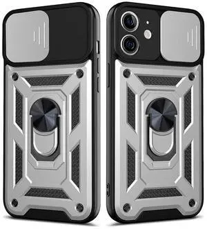 Kickstand Ring Holder with Slide Camera Cover TPU Shockproof Case and Magnetic Car Mount for APPLE IPHONE 12/IPHONE 12 PRO In Silver