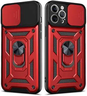 Kickstand Ring Holder with Slide Camera Cover TPU Shockproof Case and Magnetic Car Mount for APPLE IPHONE 12 PRO MAX In Red