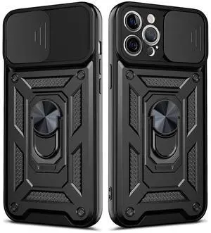 Kickstand Ring Holder with Slide Camera Cover TPU Shockproof Case and Magnetic Car Mount for APPLE IPHONE 12 PRO MAX In Black