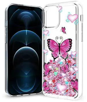 Reiko iPhone 12 / 12 Pro Glitter Case Moving Quicksand Pink Butterfly