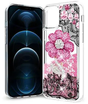 Reiko iPhone 12 / 12 Pro Glitter Case Moving Quicksand Pink Floral Reiko iPhone 12 / 12 Pro Glitter Case Moving Quicksand Pink Floral