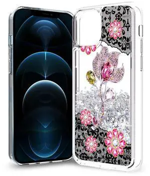 Reiko iPhone 12 Pro Max Glitter Case Moving Quicksand Silver Floral Reiko iPhone 12 Pro Max Glitter Case Moving Quicksand Silver Floral