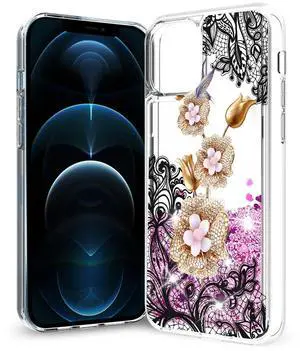 Reiko iPhone 12 Pro Max Glitter Case Moving Quicksand Pink Floral Gold Petals Reiko iPhone 12 Pro Max Glitter Case Moving Quicksand Pink Floral Gold Petals