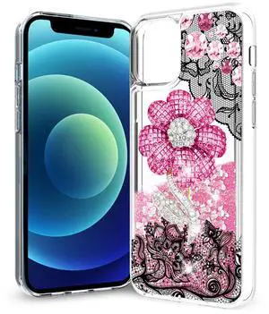 Reiko iPhone 12 Mini Glitter Case Moving Quicksand Pink Floral Reiko iPhone 12 Mini Glitter Case Moving Quicksand Pink Floral