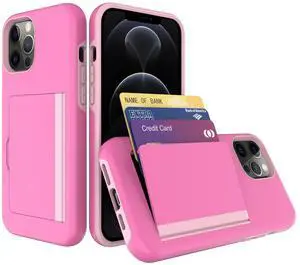 TPU PC Hybrid 2-in-1 Flip Card Holder Phone Case for Apple iPhone 12 / 12 Pro In Pink
