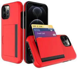 TPU PC Hybrid 2-in-1 Flip Card Holder Phone Case for Apple iPhone 12 / 12 Pro In Red