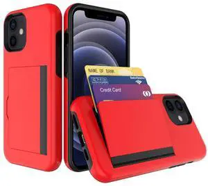 TPU PC Hybrid 2-in-1 Flip Card Holder Phone Case for Apple iPhone 12 Mini In Red