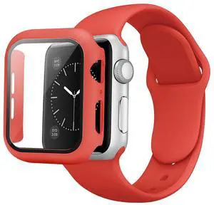 Red Color PC Watch Case With Glass Screen Protector and Silicone Watch Band for Apple Watch 38mm