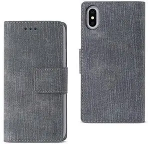 REIKO iPhone X/iPhone XS DENIM WALLET CASE WITH GUMMY INNER SHELL AND KICKSTAND FUNCTION IN GRAY