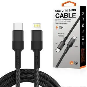 Power Delivery USB-C to 8-PIN Fast Charging & Sync Nylon-Braided 5FT Cable In Black Power Delivery USB-C to 8-PIN Fast Charging & Sync Nylon-Braided 5FT Cable In Black