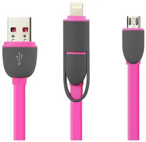 REIKO 8PIN AND MICRO USB FLAT CABLE 3.2FT 2-IN-1 USB DATA IN HOT PINK