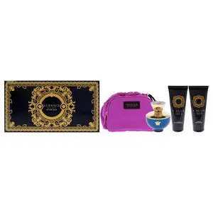 Dylan Blue by Versace for Women - 4 Pc Gift Set - 3.4oz EDP Spray, 3.4oz Sublime Body Lotion, 3.4oz Sublime Bath and Shower Gel, Makeup Case