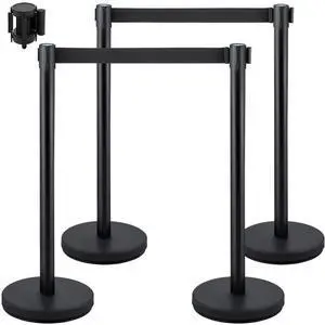 VEVOR Crowd Control Stanchion, Set of 4 Pieces Stanchion Set, Stanchion Set with 6.6 ft/2 m Black Retractable Belt, Black Crowd Control Barrier with Concrete and Metal Base  Easy Connect Assembly