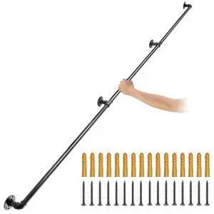 VEVOR Pipe Stair Handrail, 10FT Staircase Handrail, 440LBS Load Capacity Carbon Steel Pipe Handrail, Industrial Pipe Handrail with Wall Mount Support, Round Corner Wall Handrailing for Indoor, Outdoor