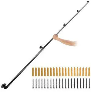 VEVOR Pipe Stair Handrail, 13FT Staircase Handrail, 440LBS Load Capacity Carbon Steel Pipe Handrail, Industrial Pipe Handrail with Wall Mount Support, Round Corner Wall Handrailing for Indoor, Outdoor
