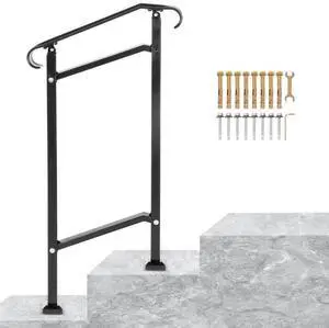 VEVOR Outdoor Stair Railing, Fit 1 or 2 Steps Wrought Iron Handrail, Adjustable Front Porch Hand Railings, Black Transitional Hand Rail for Concrete Steps or Wooden Stairs with Installation Kit