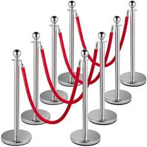 VEVOR Crowd Control Stanchion, Set of 8 Pieces Silver Stanchion Set, Stanchion Set with 5 ft/1.5 m Red Velvet Rope, Crowd Control Barrier with Sturdy Concrete and Metal Base