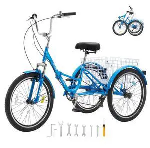 VEVOR Folding Adult Tricycle, 24-Inch 7-Speed Adult Folding Trikes, Carbon Steel 3 Wheel Cruiser Bike with Basket & Adjustable Seat, Shopping Picnic Foldable Tricycles for Women, Men, Seniors (Blue)