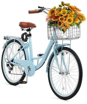 VEVOR Cruiser Bike, 7-Speed, 24-Inch Light Blue Beach Cruiser Bike with Large Capacity Basket and Rear Rack, Secure & Sturdy Cruiser Bike with Adjustable Seat, Fits for Cycling, Exercise & Shopping
