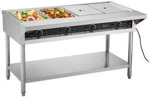 VEVOR 4-Pan Commercial Food Warmer, Electric Steam Table with Independent Temperature Control, 450W x 4 Stainless Steel Buffet Catering Food Warmer with Undershelf and Workspace, for Restaurant