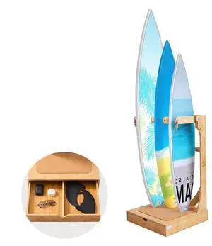 VEVOR Vertical Surfboard Stand, 3 Tiers Wooden Surfboard Rack for Storage and Display, Freestanding Board Stand Organizer with Hanging Hooks & Cork Padding, for Wakeboards, Snowboards, Kiteboards