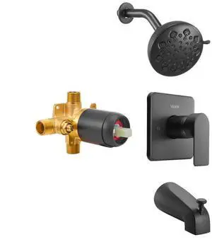 VEVOR Tub and Shower Faucet Set, 5-Inch Rainfall Shower Head and Bathtub Spout, Complete Single-Handle Tub Trim Kit with Brass Pressure Balancing Valve, 8-Setting Adjustable Spray Modes, Matte Black